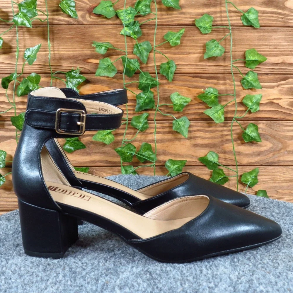 IDIFU In2pedazo Womens Ankle Strap Pumps Sz 6.5 Black Leather Block Heel_4